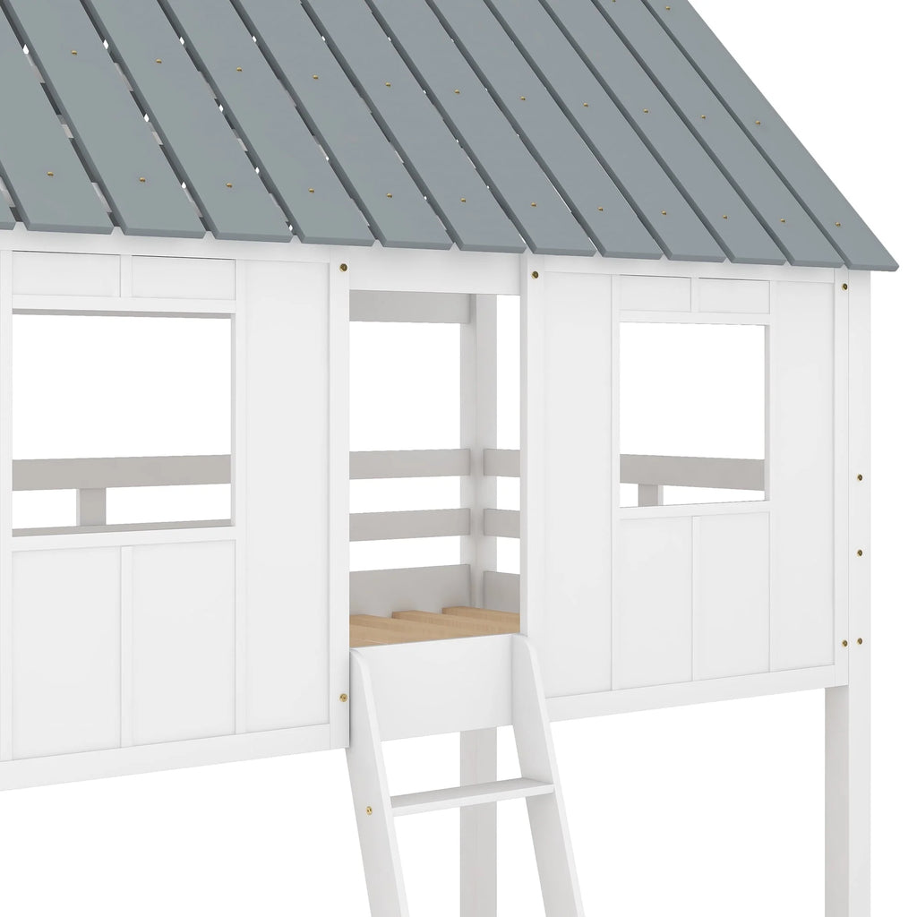 Lit superposé bas Euroco avec deux lits simples, toit et barrière de sécurité pour chambre d’enfant, blanc