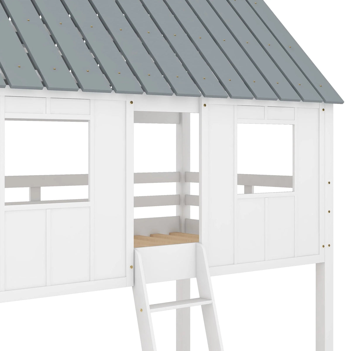 Lit superposé bas Euroco avec deux lits simples, toit et barrière de sécurité pour chambre d’enfant, blanc