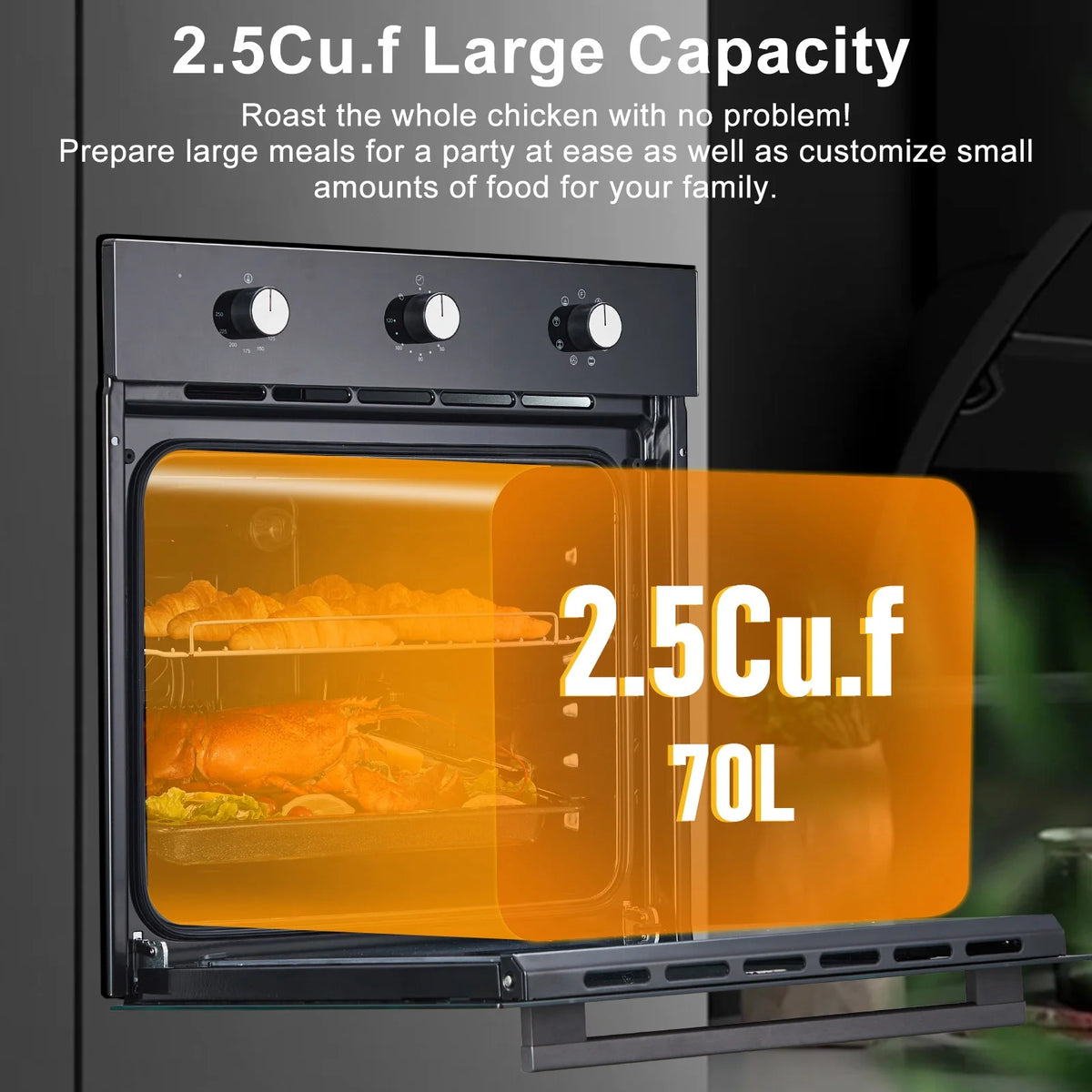 Four mural simple Garvee 24, four mural électrique de 2,5 pi³ avec boutons de commande mécaniques, four mural à convection en acier inoxydable, 3 000 W, 240 V, noir