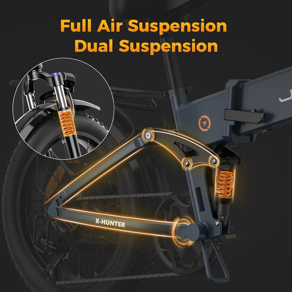 Vélo électrique Jasion X-Hunter pour adultes, vélo électrique avec moteur de 750 W et batterie amovible 48 V 13 Ah, vélo électrique pliant avec pneus larges 20 x 4,0, suspension intégrale, 7 vitesses