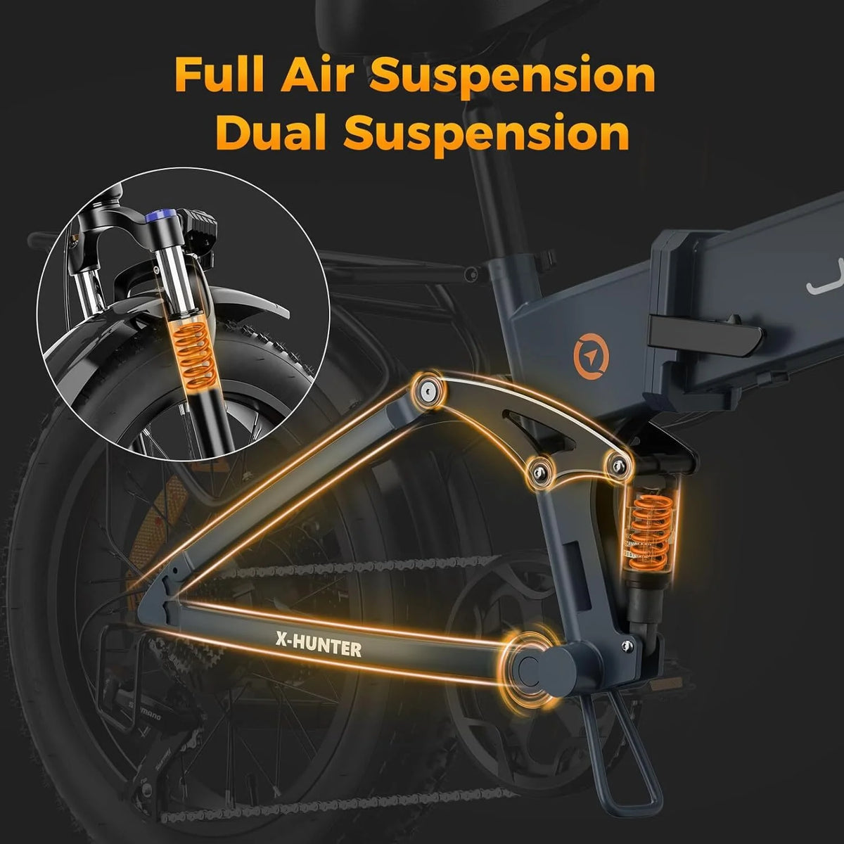 Vélo électrique Jasion X-Hunter pour adultes, vélo électrique avec moteur de 750 W et batterie amovible 48 V 13 Ah, vélo électrique pliant avec pneus larges 20 x 4,0, suspension intégrale, 7 vitesses