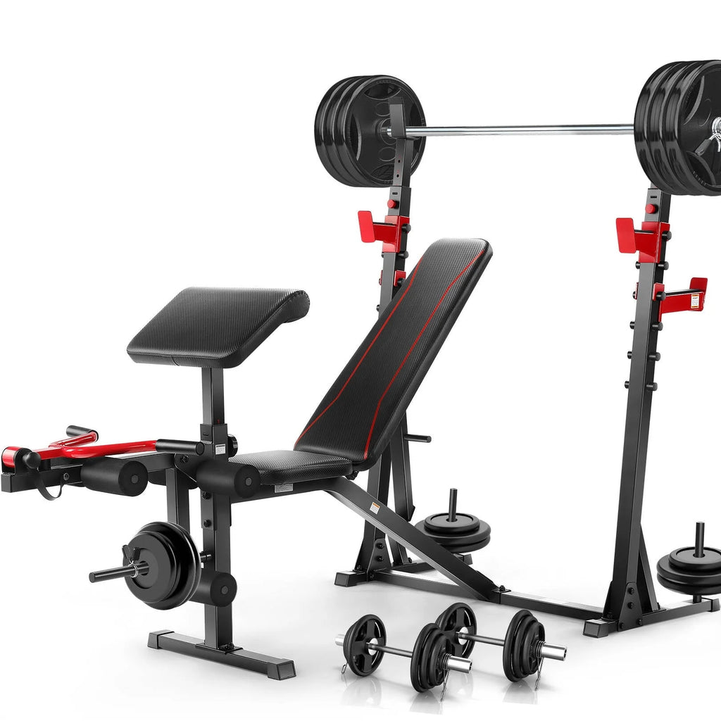 VIBESPARK Banc de musculation à charges réglables 900 LBS Ensemble de banc de musculation olympique avec rack à squats, pupitre à biceps, extension des jambes Banc d’exercice pour tout le corps et développé couché pour salle de sport à domicile