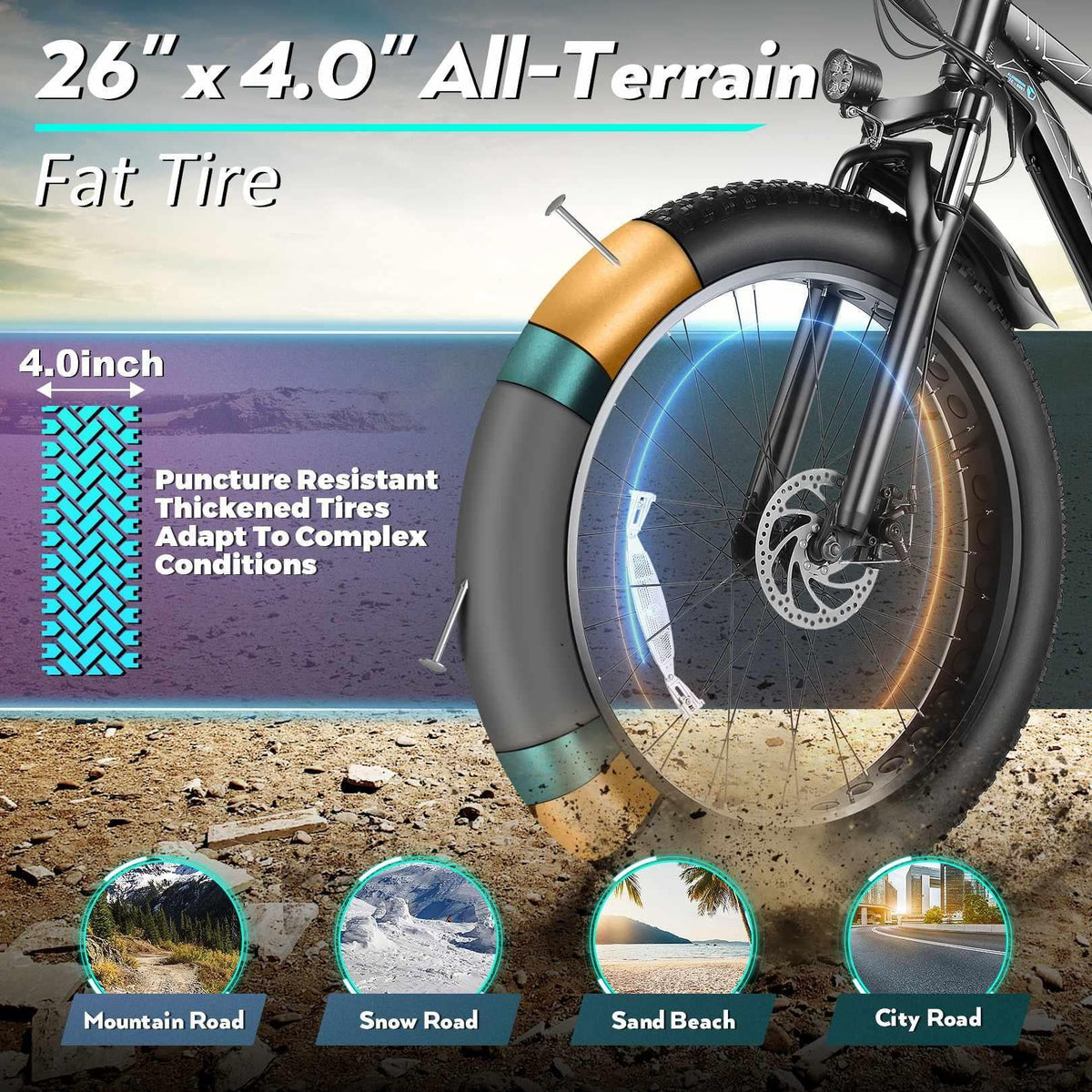 Vélo électrique tout-terrain Gocio 26 4.0 à pneus larges pour adultes, vélo électrique 500 W pour adultes, batterie Li-ion amovible 48 V 13 Ah, vitesses professionnelles à 7 rapports, vélo électrique de montagne, de plage et de neige pour homme
