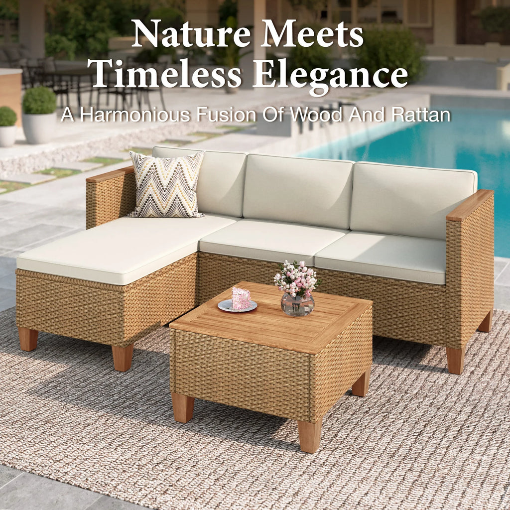 Ensemble de salon de jardin 3 pièces MF Studio, canapé d’angle modulable en résine tressée toutes saisons avec table et coussins, beige
