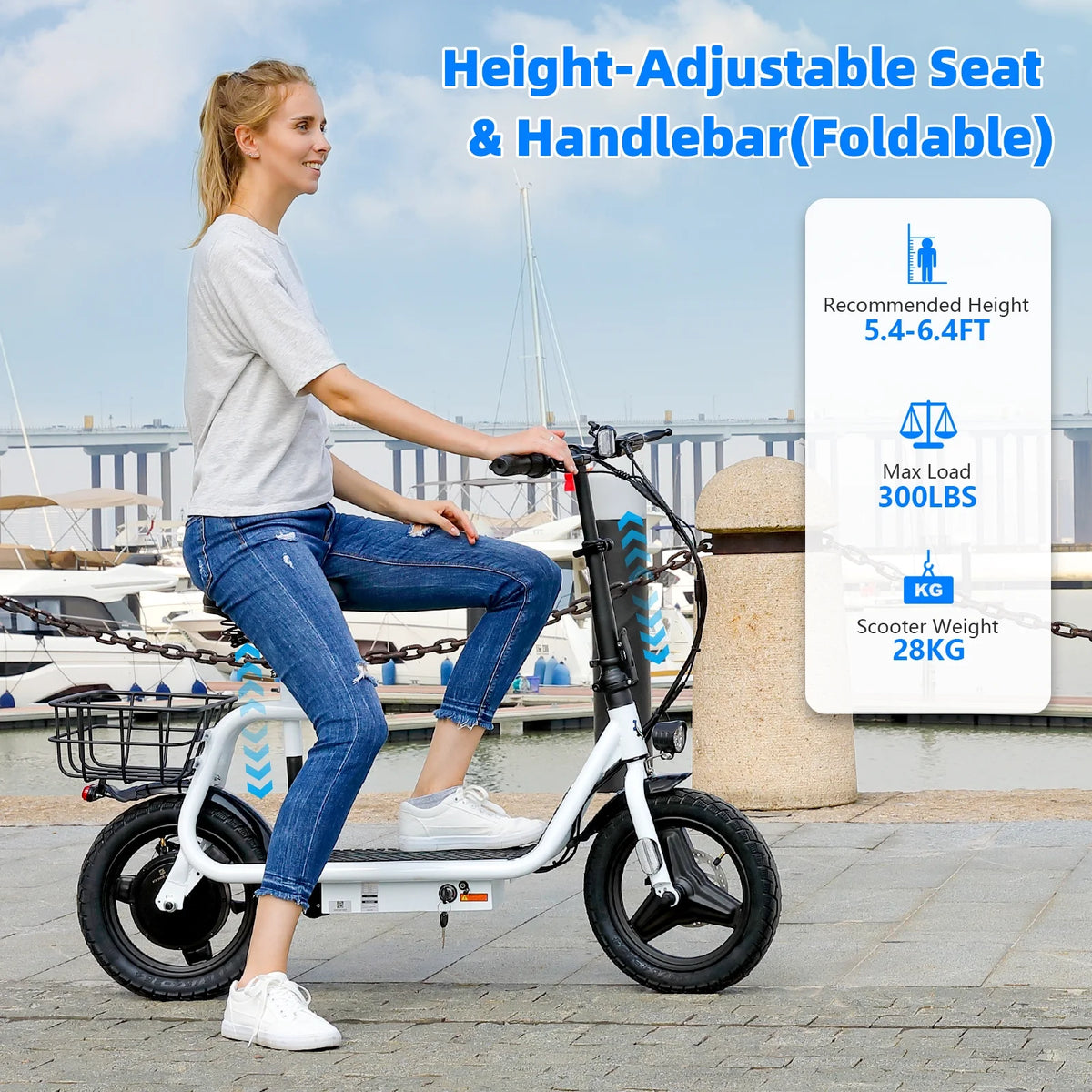 Trottinette électrique SANOPY 350 W avec siège pour adultes, autonomie de 24 km, vitesse de 32 km/h, cyclomoteur avec batterie 36 V 5,2 Ah, vélo électrique urbain avec gros pneus de 14 pouces et amortisseurs, noir