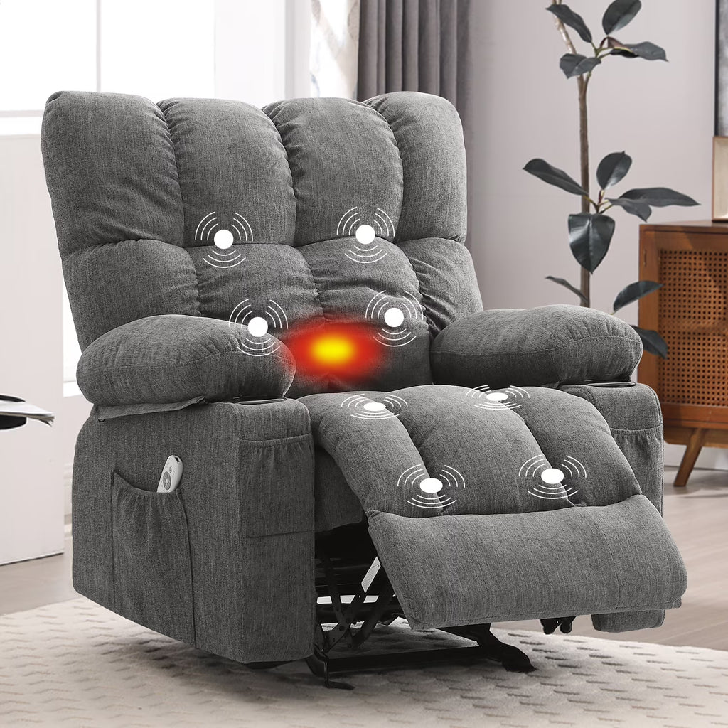 Fauteuil inclinable manuel JONPONY avec fonction de massage et de chauffage, mécanisme d’inclinaison robuste, fauteuil à bascule individuel pour personnes âgées avec porte-gobelets, pour chambre et salle de cinéma maison, gris