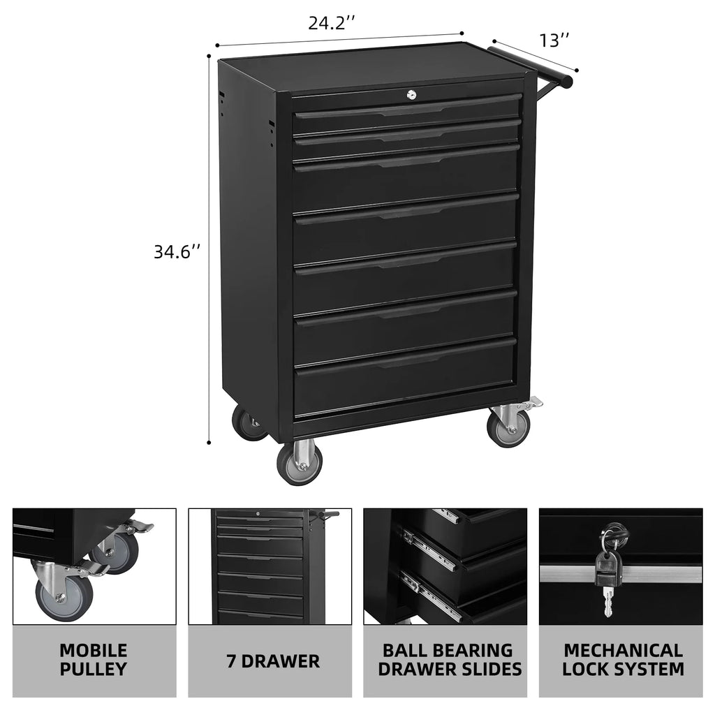 Servante d'atelier à 7 tiroirs, caisson à outils en métal grande capacité avec roulettes et serrure à cylindre, chariot de rangement mobile pour garage, entrepôt, atelier - Noir