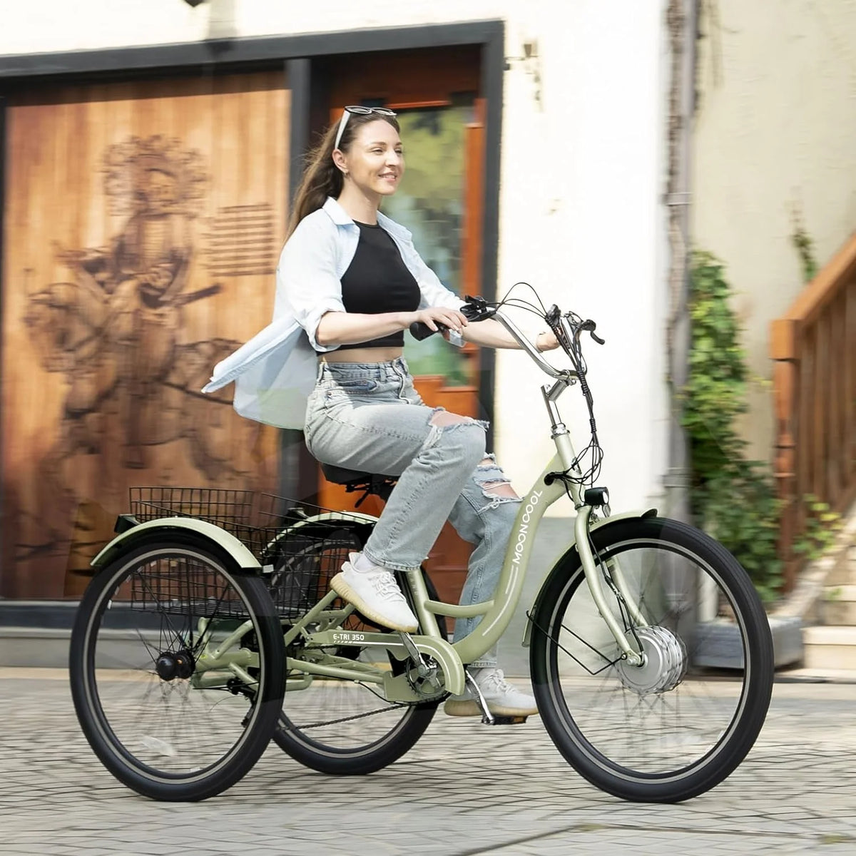 Tricycles électriques ABORON 24 26, batterie au lithium 36 V 10 Ah 350 W, triporteur électrique 7 vitesses pour adultes avec grand panier arrière et siège réglable