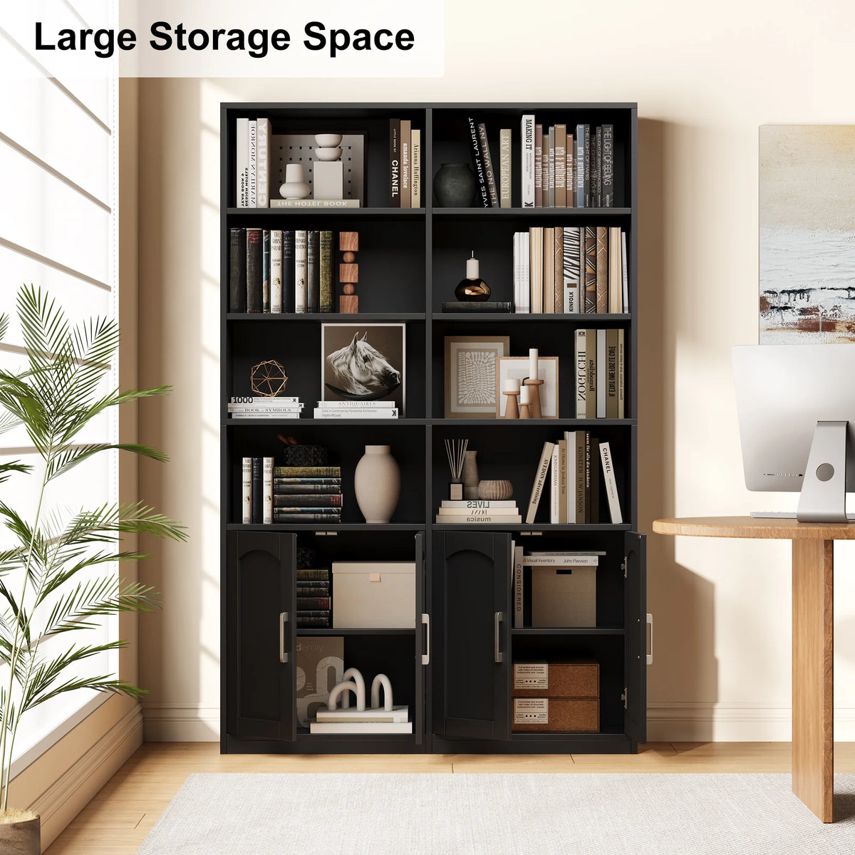 Bibliothèque haute Homfa 73 avec portes, 8 compartiments, 6 niveaux, double rangée, blanche, pour salon et bureau à domicile