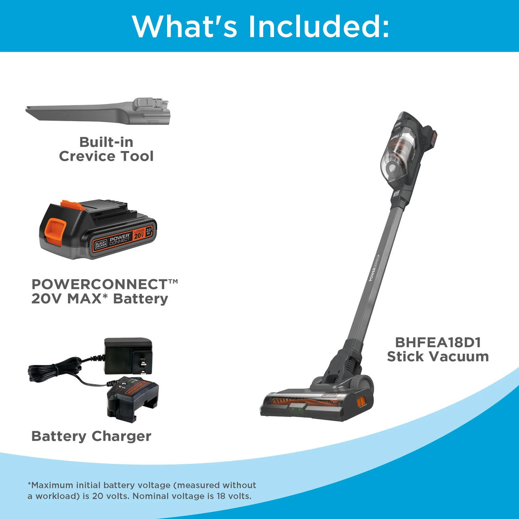 BLACK+DECKER POWERSERIES+ 20V MAX* Kit d’aspirateur balai sans fil, pour tapis et sols durs, convertible en aspirateur à main, autonomie de 44 minutes, pour le nettoyage quotidien, BHFEA18D1