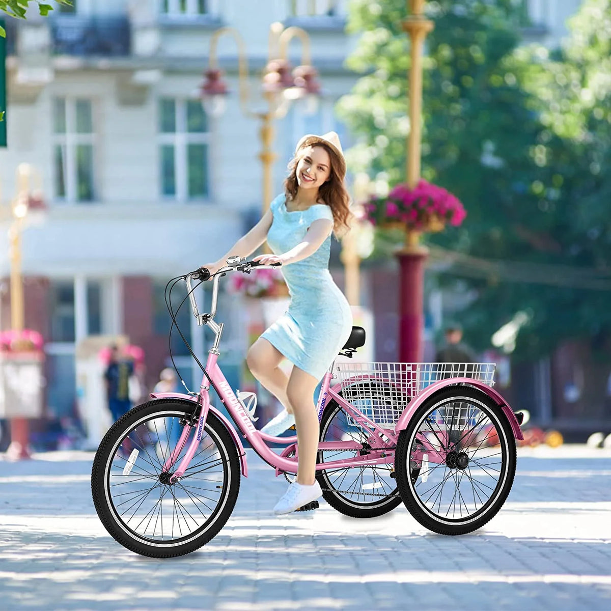 Tricycles pour adultes MOONCOOL avec panier arrière et pompe à pied, vélos à 3 roues 7 vitesses de 24 et 26 pouces, vélo à trois roues pour adultes avec dossier pour seniors, femmes et hommes