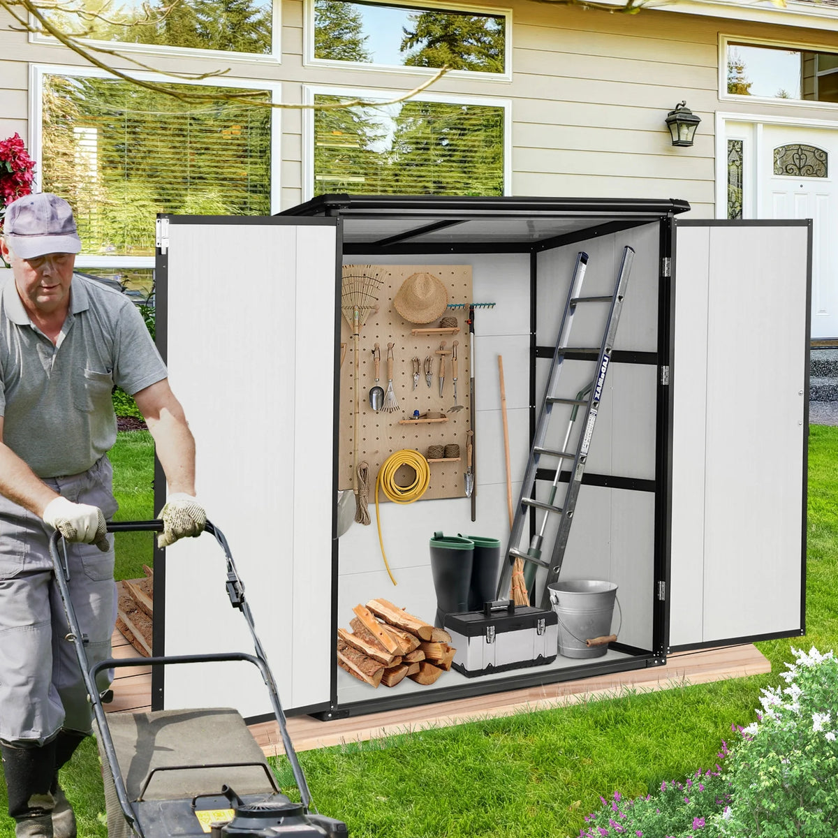 Enyopro Abri de rangement extérieur 6 x 4,4 pi, grand abri utilitaire en résine plastique toutes saisons pour outils avec deux portes verrouillables, pour patio, cour arrière et pelouse, gris