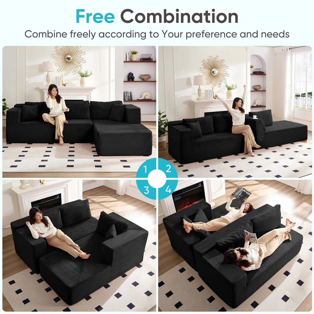 Canapé d’angle ZAFLY 106 Cloud avec méridienne, sans assemblage, canapé-lit en L, canapé modulable surdimensionné à assise profonde pour salon – droite, noir