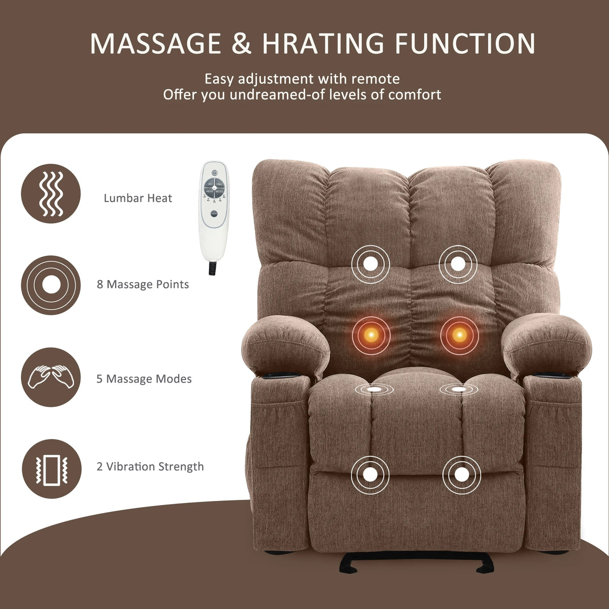 Fauteuil inclinable manuel JONPONY avec fonction de massage et de chauffage, mécanisme d’inclinaison robuste, fauteuil à bascule individuel pour personnes âgées avec porte-gobelets, pour chambre et salle de cinéma maison, gris