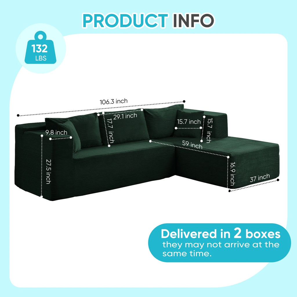 Canapé d’angle ZAFLY 106 Cloud avec méridienne, sans assemblage, canapé-lit en L, canapé modulable surdimensionné à assise profonde pour salon – droite, noir