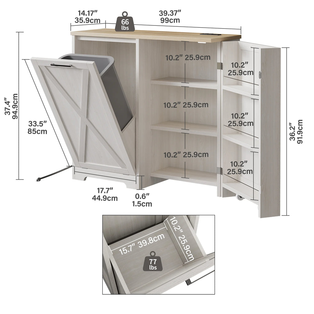 DEXTRUS Meuble de cuisine basculant pour poubelle avec prise électrique, Poubelle sur pied de 13 gallons avec placard de rangement escamotable, Étagère réglable, Blanc