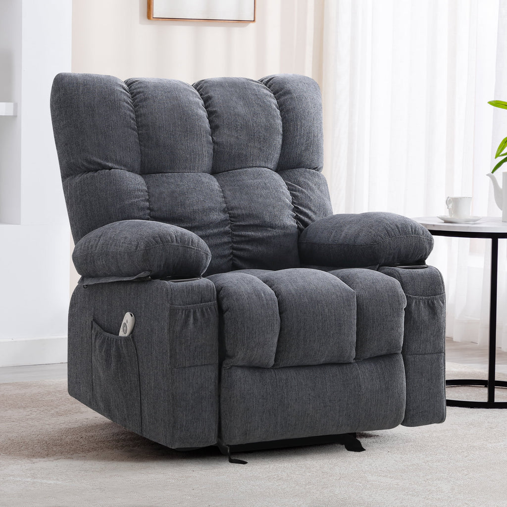 Fauteuil inclinable manuel JONPONY avec fonction de massage et de chauffage, mécanisme d’inclinaison robuste, fauteuil à bascule individuel pour personnes âgées avec porte-gobelets, pour chambre et salle de cinéma maison, gris