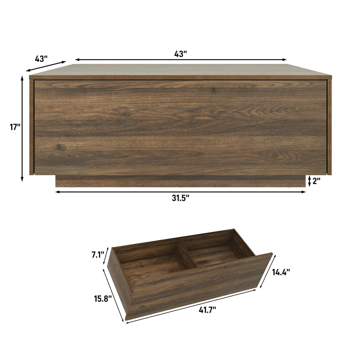 Table basse carrée Blotout avec 2 grands tiroirs, table basse Mid-Century Modern de 43 avec rangement, table basse en bois, table de salon avec rangement, grain de bois