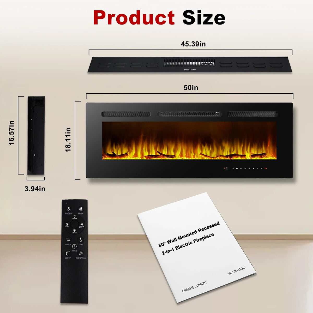 Cheminée électrique 60, cheminée encastrable ultra-fine et murale, cheminée linéaire avec minuterie, télécommande, couleur de flamme réglable, 750 w/1 500 w, noire