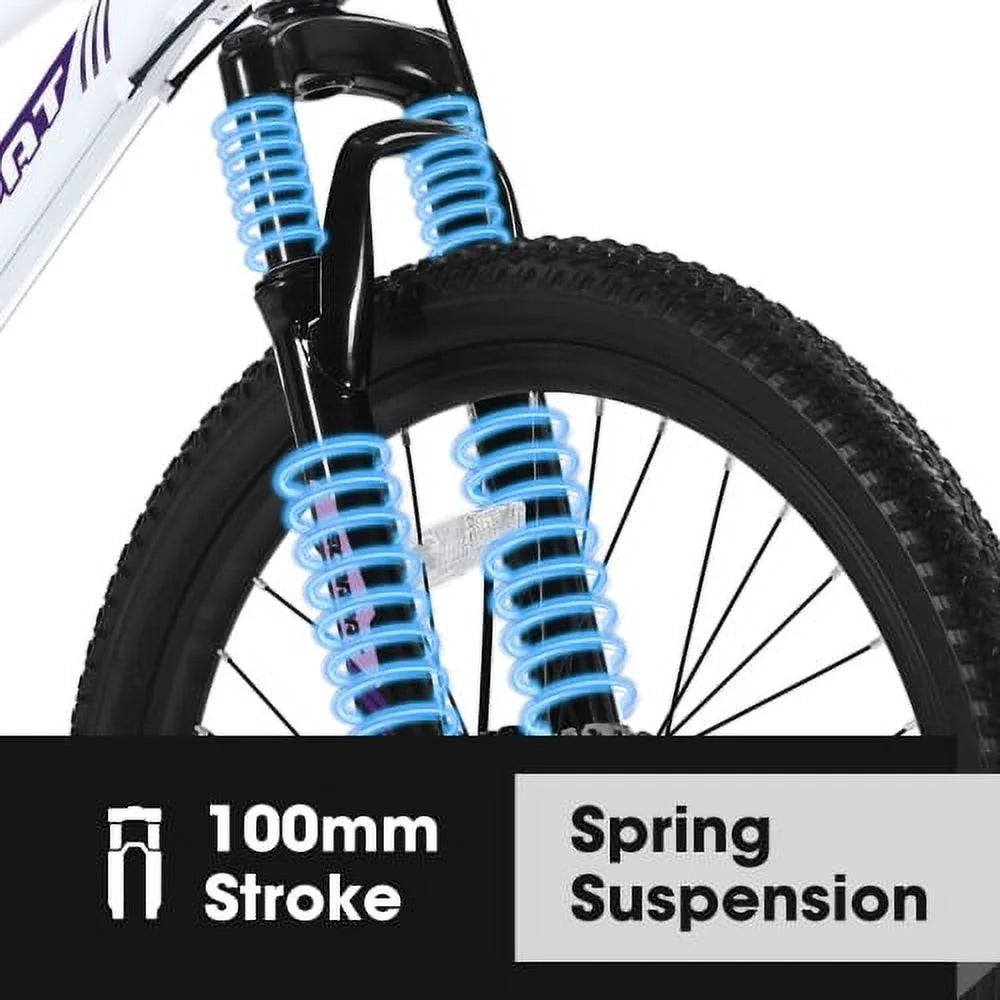 POWANLI 26 Vélo tout-terrain pour femme, Vélo de montagne 21 vitesses avec freins à disque doubles et suspension avant de 100 mm, Rose (Cadeau)
