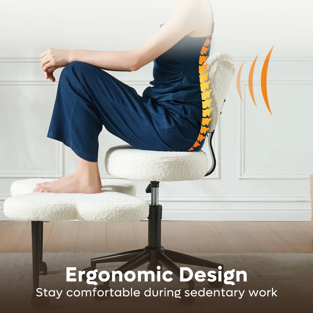 Chaise ergonomique pivotante pour position en tailleur Pinmoco, hauteur réglable et tissu bouclette, chaise de méditation et pour TDAH avec soutien dorsal, pour la maison et le bureau, blanc cassé