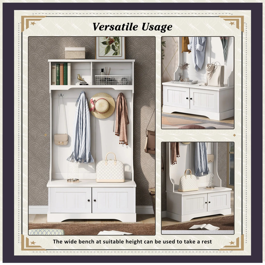 Vestiaire d’entrée avec banc rembourré et patères, banc d’entrée avec 3 crochets, 3 étagères ouvertes, 2 tiroirs et placards de rangement, banc de vestibule avec rangements et crochets pour entrée, vestibule ou couloir (beige)
