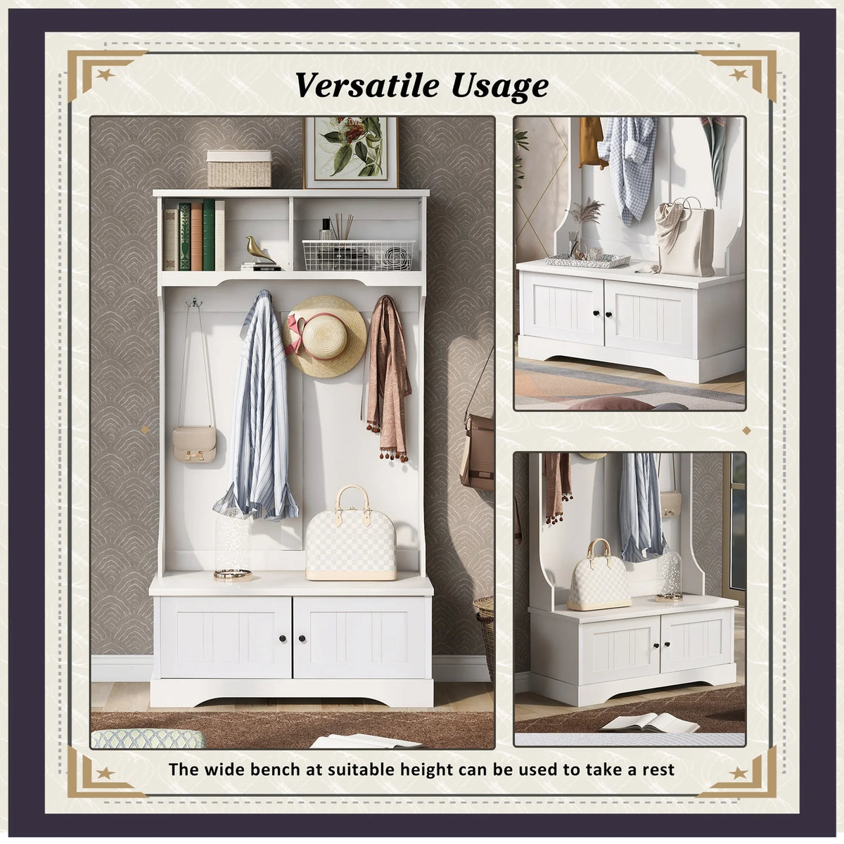 Vestiaire d’entrée avec banc rembourré et patères, banc d’entrée avec 3 crochets, 3 étagères ouvertes, 2 tiroirs et placards de rangement, banc de vestibule avec rangements et crochets pour entrée, vestibule ou couloir (beige)