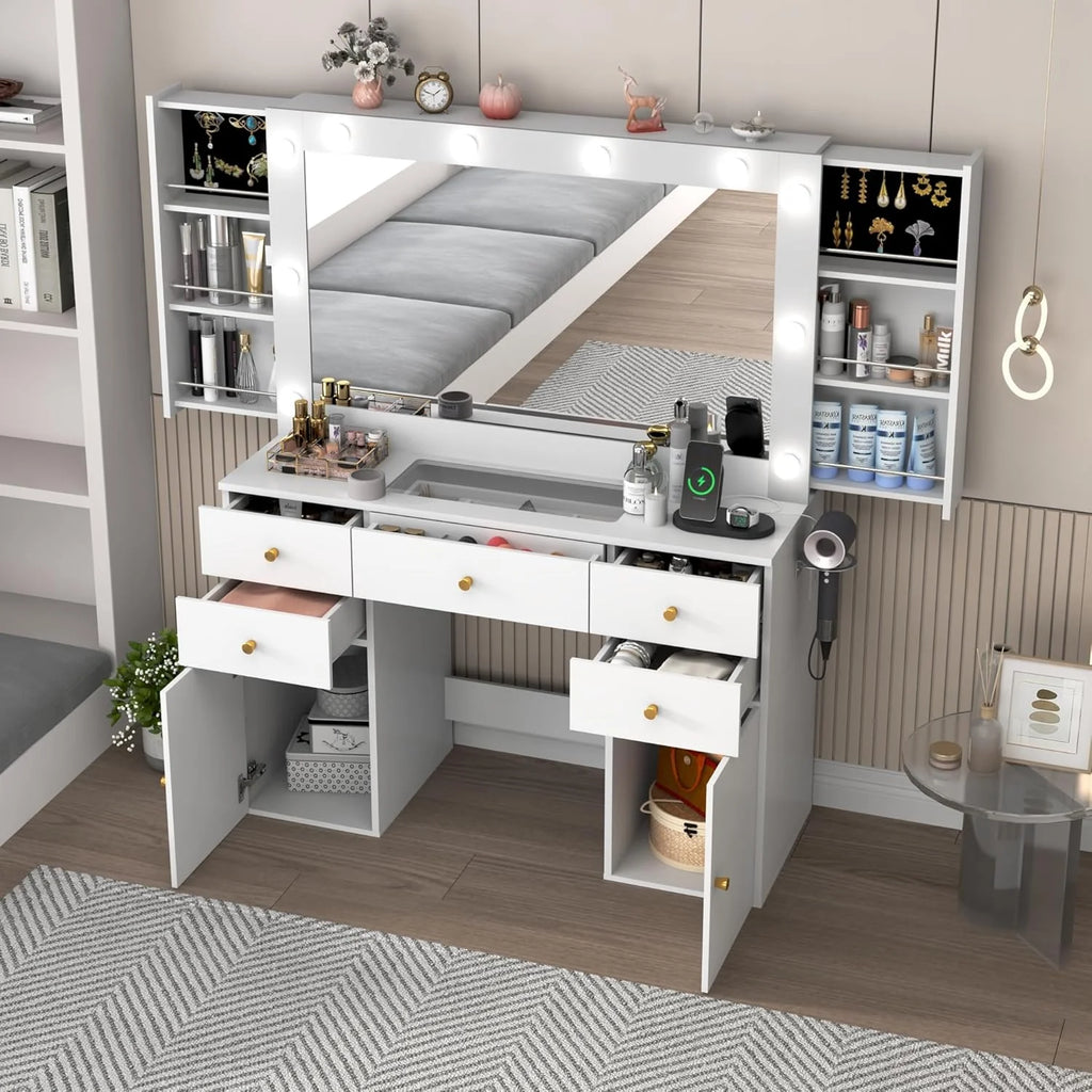 Coiffeuse blanche avec grand miroir lumineux et prise électrique, table de maquillage avec plateau en verre et tiroirs, rangement coulissant, grande coiffeuse de maquillage de 44,1 pour femmes et filles, blanche