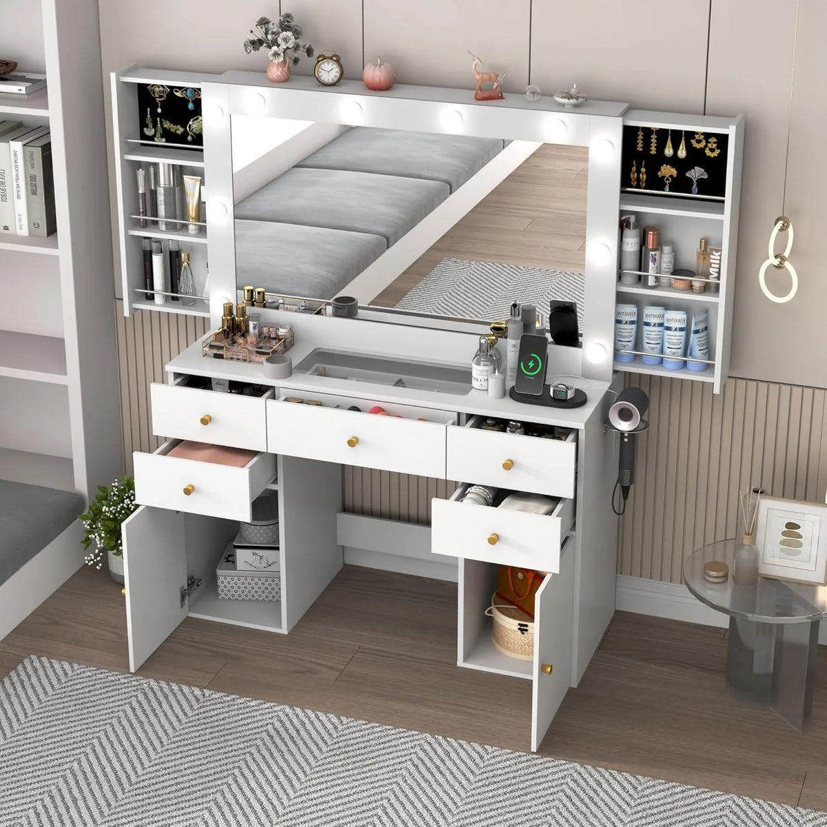 Coiffeuse blanche avec grand miroir lumineux et prise électrique, table de maquillage avec plateau en verre et tiroirs, rangement coulissant, grande coiffeuse de maquillage de 44,1 pour femmes et filles, blanche