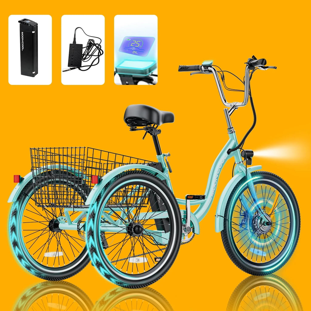Tricycle électrique ABORON 350W, 7 vitesses, 24/26 pouces, motorisé, 3 roues, pour adultes, avec batterie au lithium 36V 10Ah certifiée UL, panier arrière