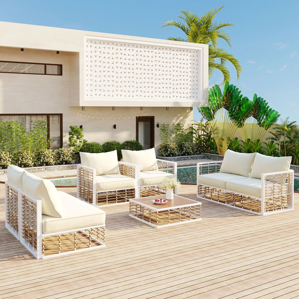 Ensemble de salon de jardin modulable en métal 7 pièces, canapé en rotin moderne et minimaliste avec coussins épais et table basse, salon d’extérieur toutes saisons pour jardin, bord de piscine et cour arrière, gris
