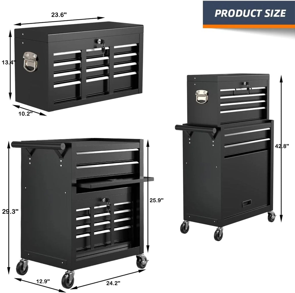 Seizeen 2-EN-1 Coffre et armoire à outils, grand organisateur de boîte à outils sur roulettes à 8 tiroirs de grande capacité, verrouillable, noir