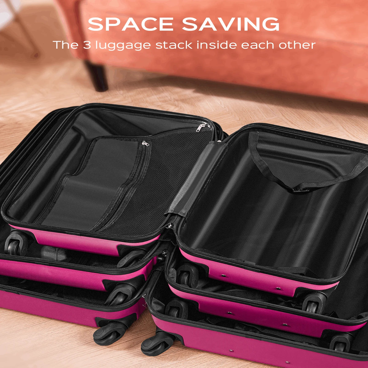 Ensemble de 9 pièces comprenant 3 valises rigides de 20, 24 et 28 pouces, 6 sacs de rangement et valises de voyage à roulettes, rose