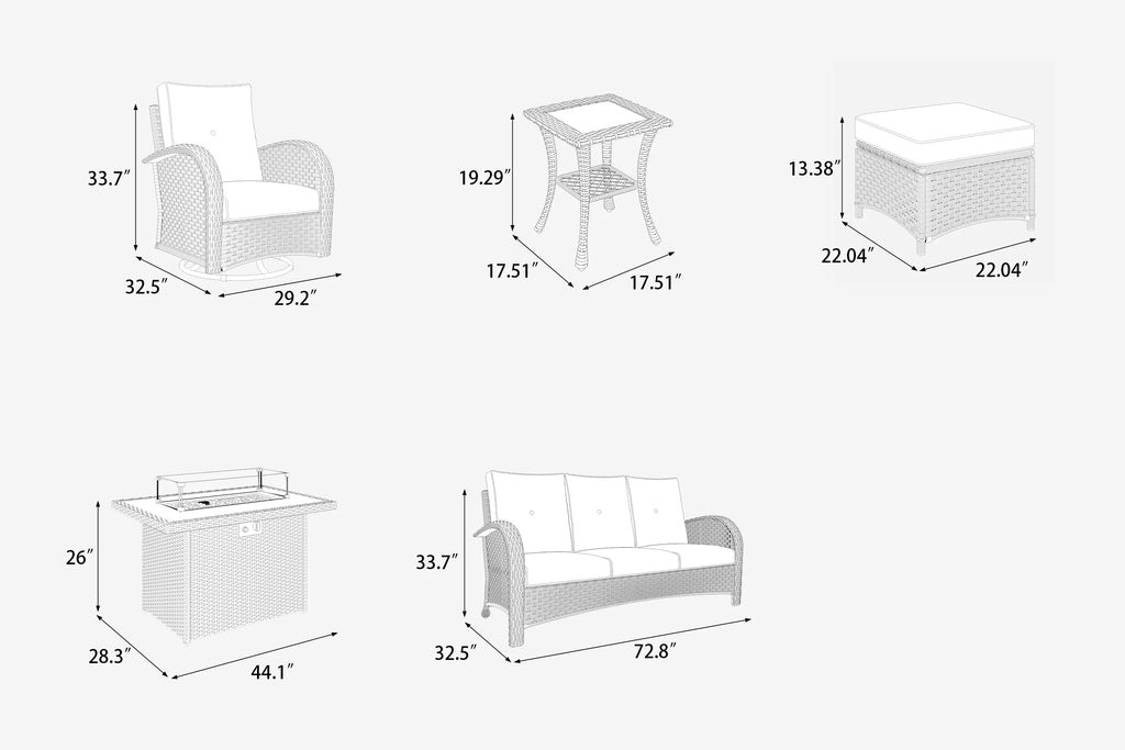 Ensemble de mobilier de patio LayinSun 7 pièces avec table brasero, fauteuils pivotants à bascule en rotin tressé