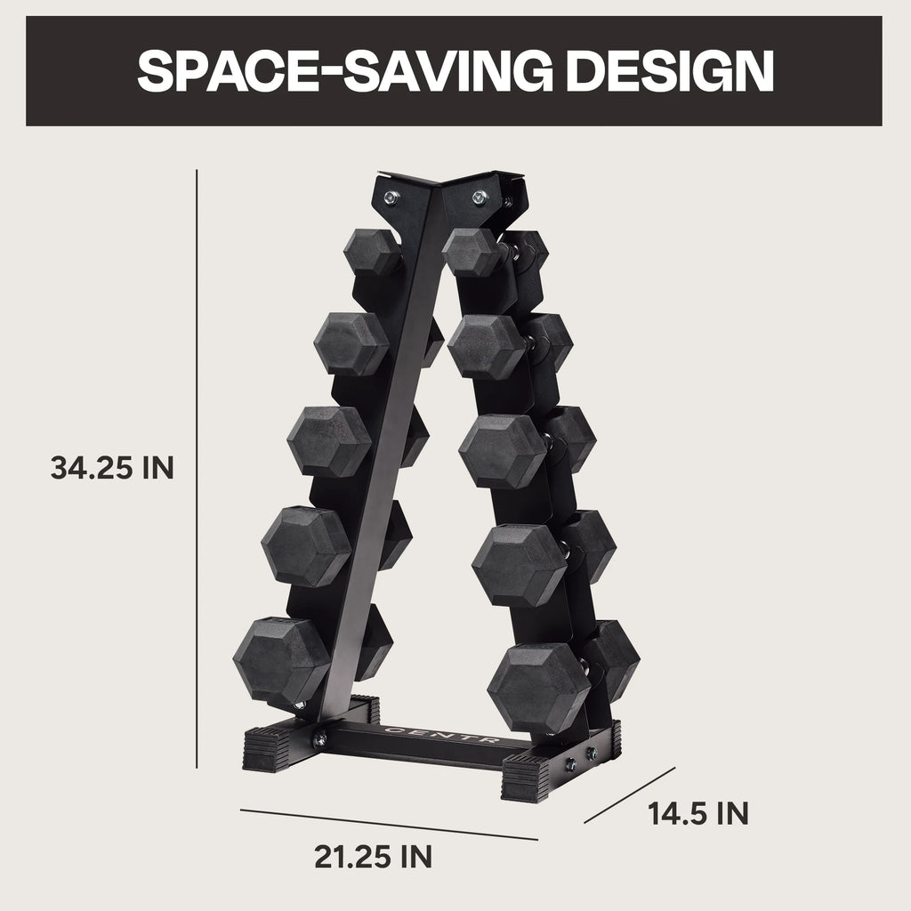 Set d’haltères hexagonaux en caoutchouc Centr de 150 lb avec rack, poids de 5 à 25 lb, noir
