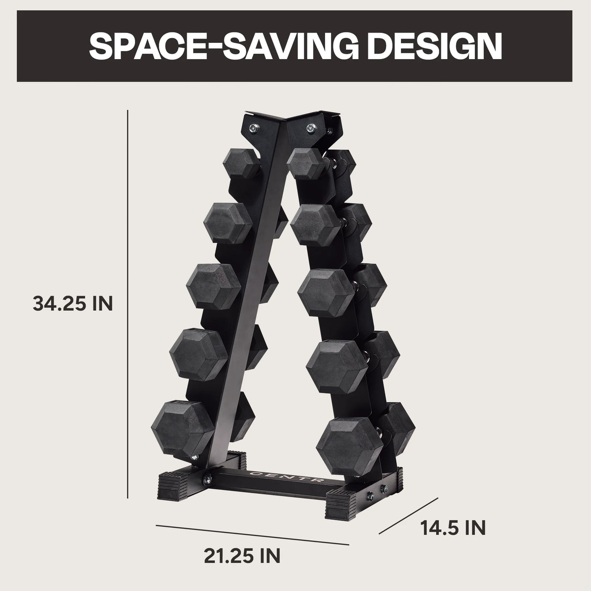 Set d’haltères hexagonaux en caoutchouc Centr de 150 lb avec rack, poids de 5 à 25 lb, noir