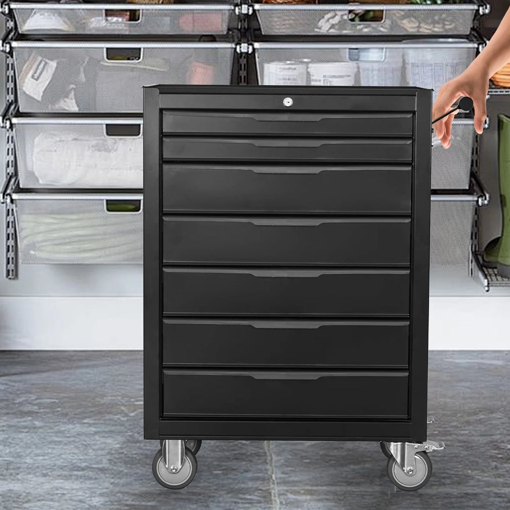 Servante d'atelier à 7 tiroirs, caisson à outils en métal grande capacité avec roulettes et serrure à cylindre, chariot de rangement mobile pour garage, entrepôt, atelier - Noir