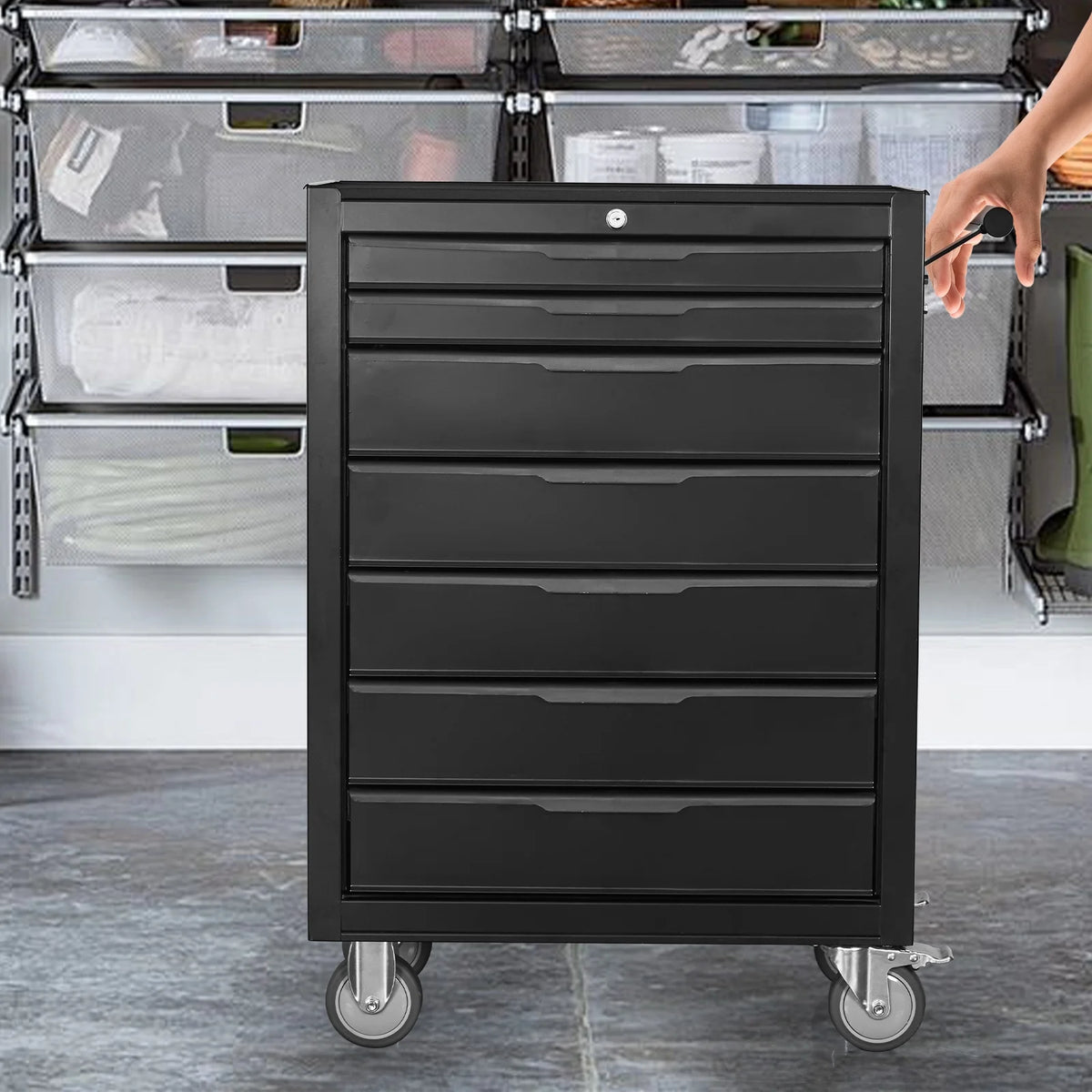 Servante d'atelier à 7 tiroirs, caisson à outils en métal grande capacité avec roulettes et serrure à cylindre, chariot de rangement mobile pour garage, entrepôt, atelier - Noir