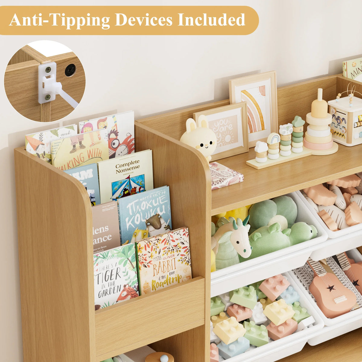 Hiphuta Bibliothèque et Meuble de Rangement pour Jouets pour Enfants, Organisateur en Bois avec 4 Paniers et 2 Tiroirs Amovibles pour la Maison et la Chambre, Étagère à Livres pour Enfants avec Bac à Jouets et Support à Livres, Blanc