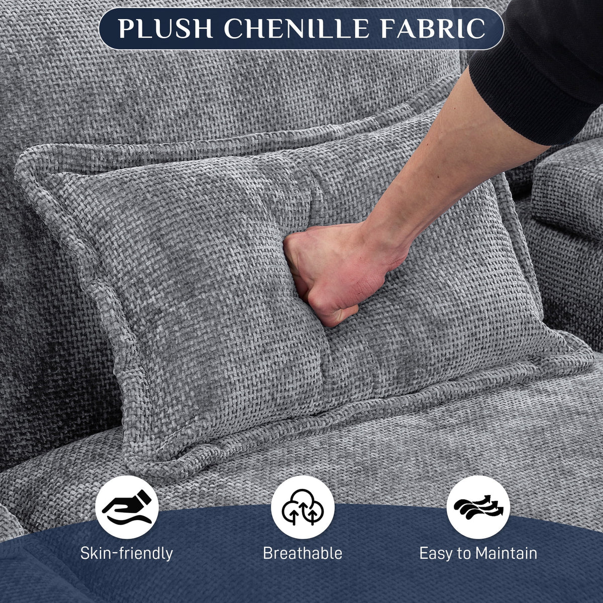 Canapé modulable en U Wiilayok Cloud Couch, méridienne double extra profonde de 124 cm en chenille duveteuse, console centrale avec ports USB-C et A doubles, gris tempête