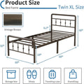 Cadre de lit simple XL de 16 pouces avec tête et pied de lit, plateforme classique en métal sans sommier requis, support de matelas robuste en fer artistique de style victorien, rangement sous le lit, marron