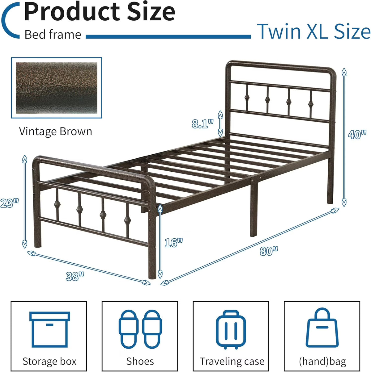 Cadre de lit simple XL de 16 pouces avec tête et pied de lit, plateforme classique en métal sans sommier requis, support de matelas robuste en fer artistique de style victorien, rangement sous le lit, marron