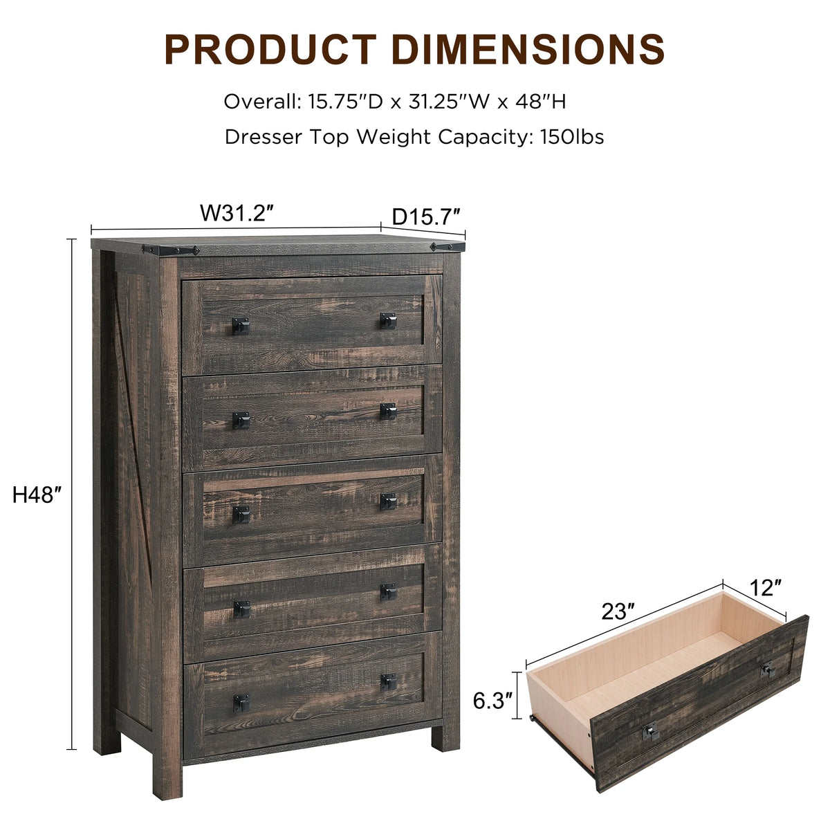 Commode Keywhat Farmhouse à 5 tiroirs pour chambre, meuble de rangement en bois pour salon, blanc antique