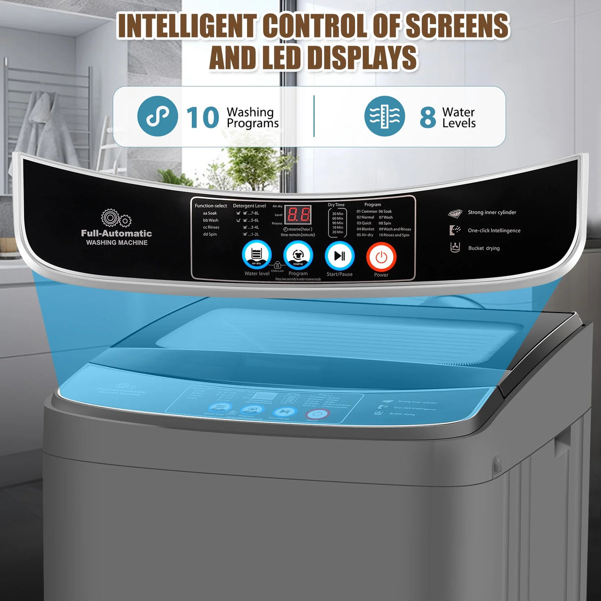 Veeboto Lave-linge entièrement automatique de 17,8 lb, lave-linge compact avec pompe de vidage, moteur puissant, lavage rapide en 20 min, affichage LED, combiné lave-linge et sèche-linge silencieux pour appartement, dortoir et maison