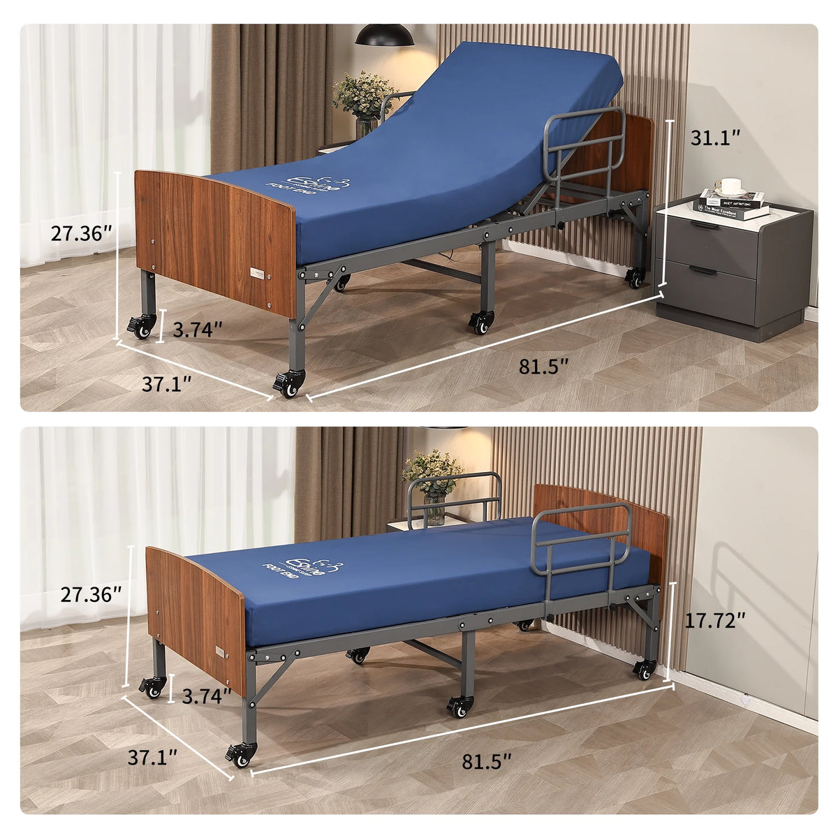 Lit d'hôpital ESHINE avec matelas imperméable 6 - Télécommande sans fil, tête de lit, roulettes de 2,5 pouces, inclinaison tête et pieds