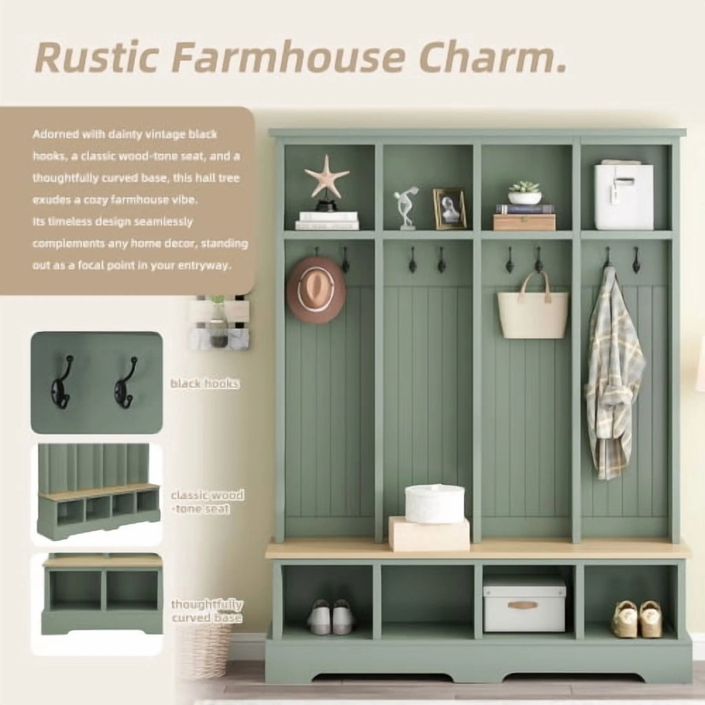 Vestiaire d’entrée style maison de campagne avec banc, meuble d’entrée de 150 cm de large avec 8 crochets et compartiments de rangement, porte-manteau moderne et banc à chaussures pour entrée, blanc