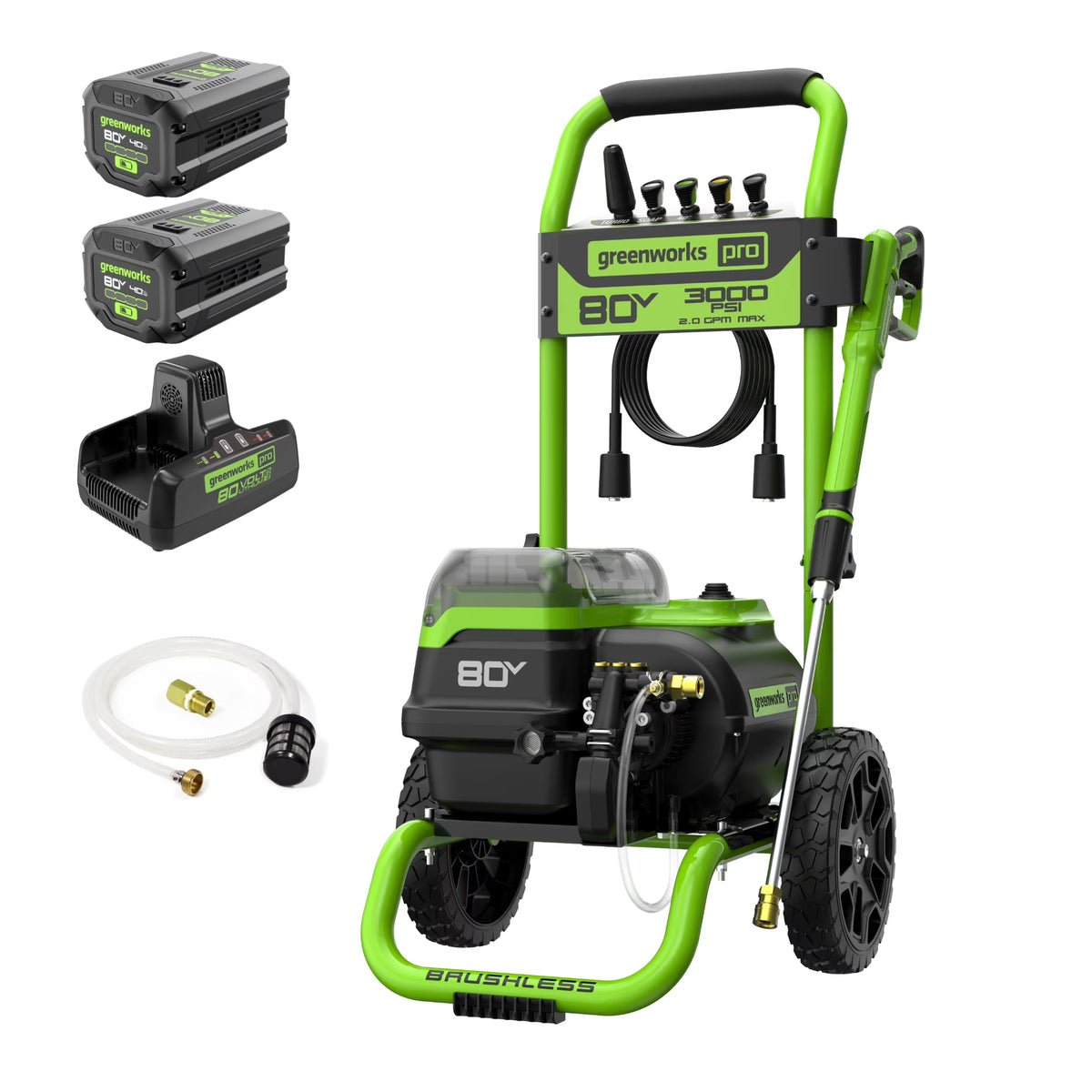 Nettoyeur haute pression Greenworks 80 V 3 000 PSI avec (2) batteries de 4 Ah, chargeur rapide DP