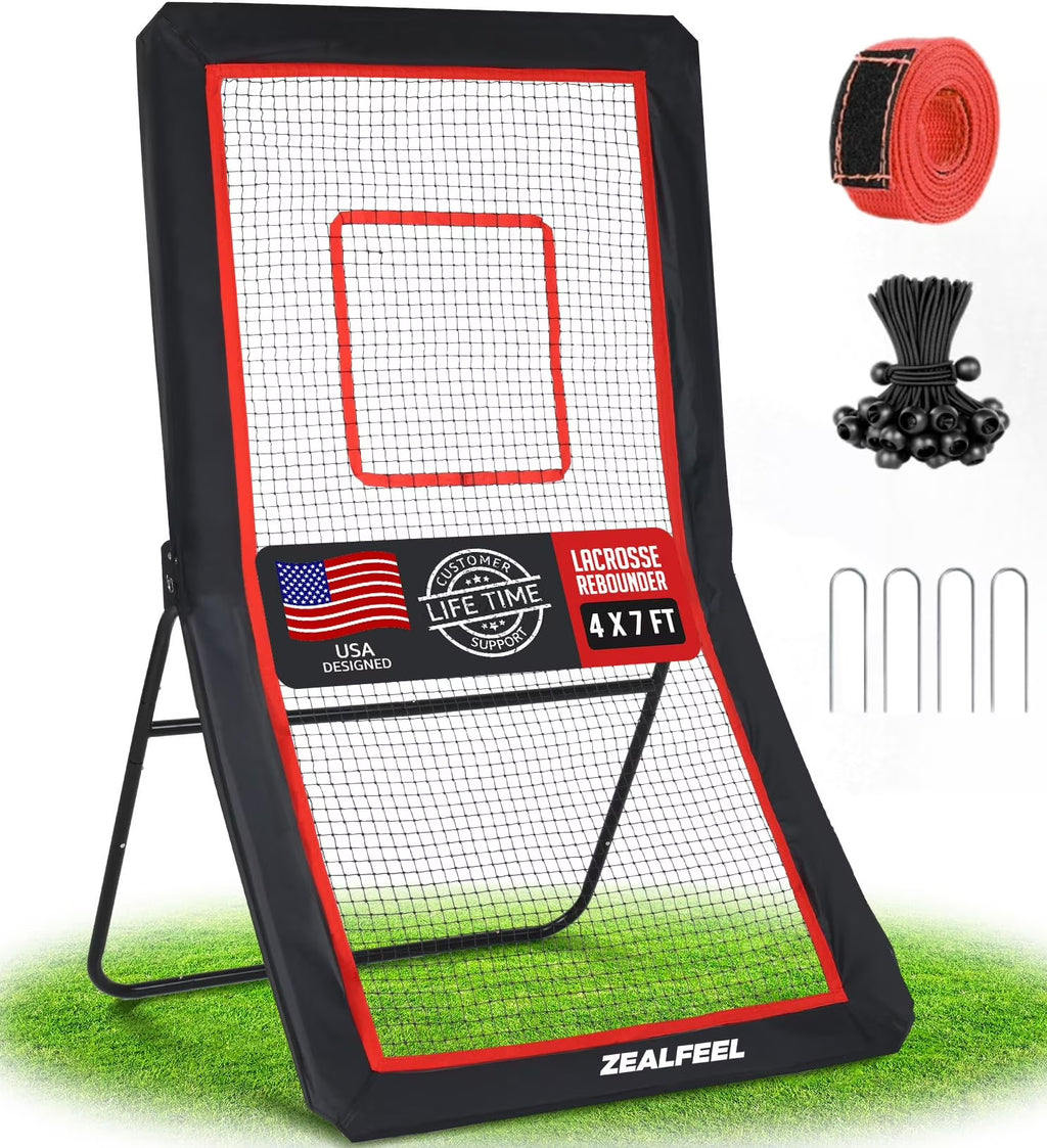 Rebondeur de lacrosse, 4x7 pi/4x6 pi, pour la cour arrière, avec 5 angles de rebond, une bande cible et un filet de retour, idéal pour l’entraînement au lacrosse, au baseball, au volley-ball et au soccer