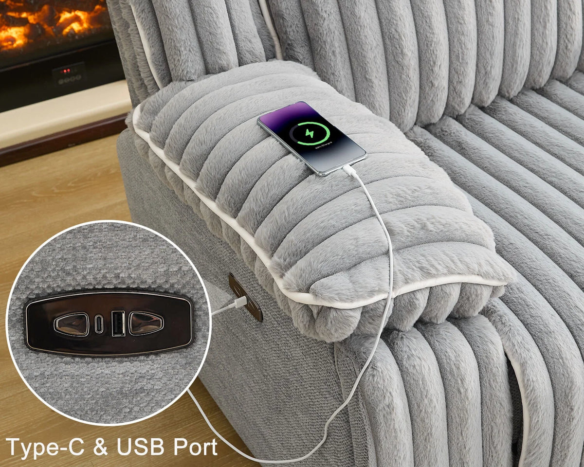 Canapé d’angle inclinable électrique avec chargeur sans fil, 6 places en fausse fourrure avec fauteuils inclinables, porte-gobelets dissimulés, console de rangement, ports USB et Type-C, noir