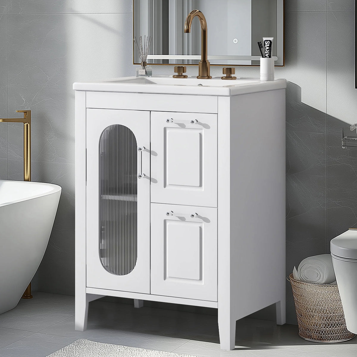 Meuble-lavabo Soges 24 avec vasque en céramique, meuble de toilette en bois massif avec porte, étagère réglable et 2 tiroirs, ensemble lavabo simple autoportant pour petite salle de bains, blanc